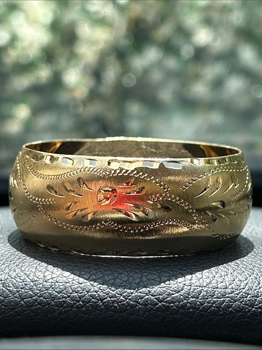 14K Yellow Gold Plated Wide Engraved Bangle Bracelet